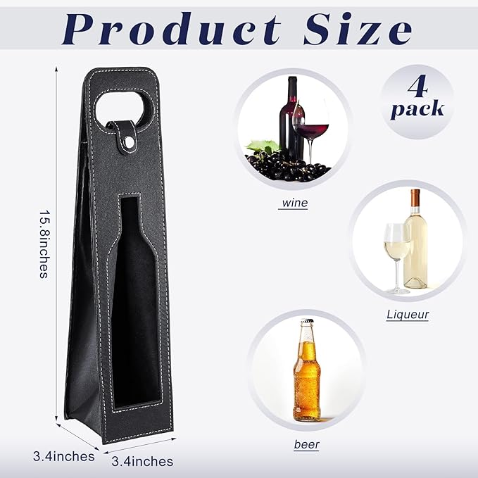 Abbylike 4 Pcs Wine Tote Bag Reusable Leather Wine Carrier Tote Wine Purse Case Holder Single Bottle Champagne Beer Gift Bags Carrier for Christmas Wedding Birthday(Window Style,Black)