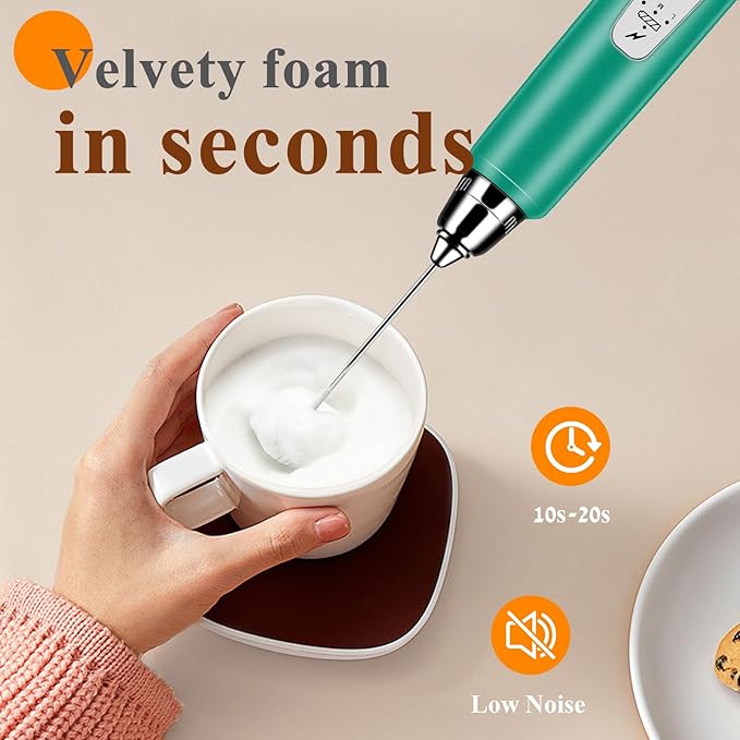 Milk Frother Handheld Rechargeable with Stand, Frother Wand Drink Mixer Electric Whisk for Coffee, Detachable With 3 Stainless Whisks, Hand Mixer for Lattes, Cappuccino, Matcha, Egg, Green