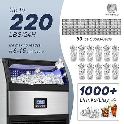 Commercial Ice Maker Machine – 250 Lbs/24H, 75 Lbs Storage Bin, 80 Ice Cubes in 8 Minutes – Freestanding Ice Machine with Water Filter and Scoop for Restaurant, Bar, Home, and Office