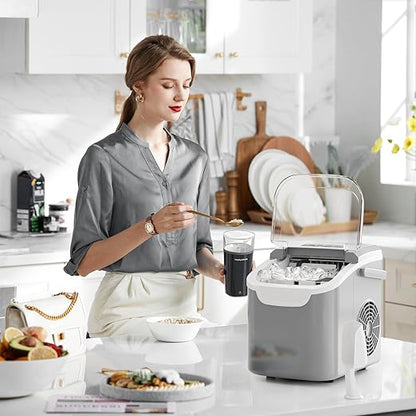 Kismile Ice Makers Countertop with Handle,8 Cubes in 6 Mins,Portable Ice Maker Machine with Self-Cleaning for Home/Office(Grey)