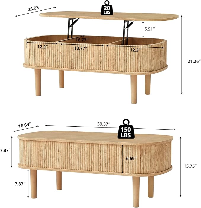 Fluted Lift Top Coffee Table with Hidden Compartment, Fully Assembled Wooden Center Table, Modern Oval Lift Tabletop for Home Living Room Office, Natural