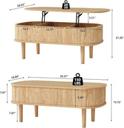 Fluted Lift Top Coffee Table with Hidden Compartment, Fully Assembled Wooden Center Table, Modern Oval Lift Tabletop for Home Living Room Office, Natural