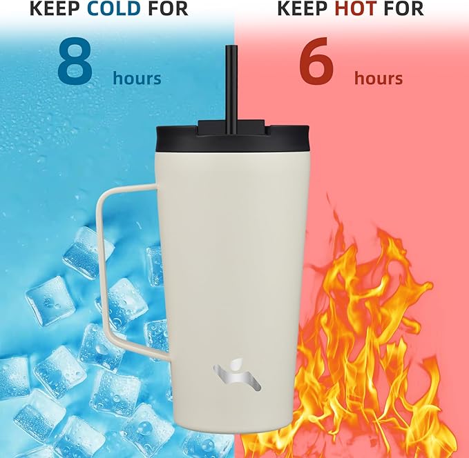 Insulated Tumbler with Handle and Straw, 18 OZ Travel Coffee Mug Stainless Steel Cup Metal Water Bottle,Angel White