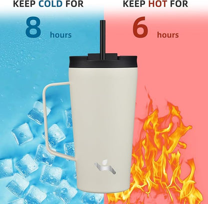 Insulated Tumbler with Handle and Straw, 18 OZ Travel Coffee Mug Stainless Steel Cup Metal Water Bottle,Angel White