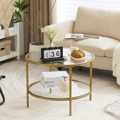 VINGLI Glass Coffee Table, 25.6" Round Champagne Gold Coffee Tables for Living Room, 2-Tier Glass Top Coffee Table with Storage Clear Coffee Table, Simple & Modern Center Table for Small Space