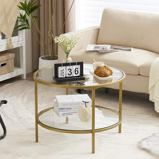 VINGLI Glass Coffee Table, 25.6" Round Champagne Gold Coffee Tables for Living Room, 2-Tier Glass Top Coffee Table with Storage Clear Coffee Table, Simple & Modern Center Table for Small Space