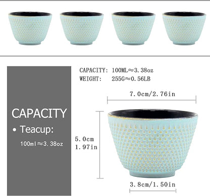 Japanese Cast Iron Tea Cups, Small and Heavy Teacups with no Handles, Japanese Style Cups for Adults, Asian Teacups, Coated with Enameled Interior, 4 Pcs/Box (Lightblue, 3.38oz/100ml)
