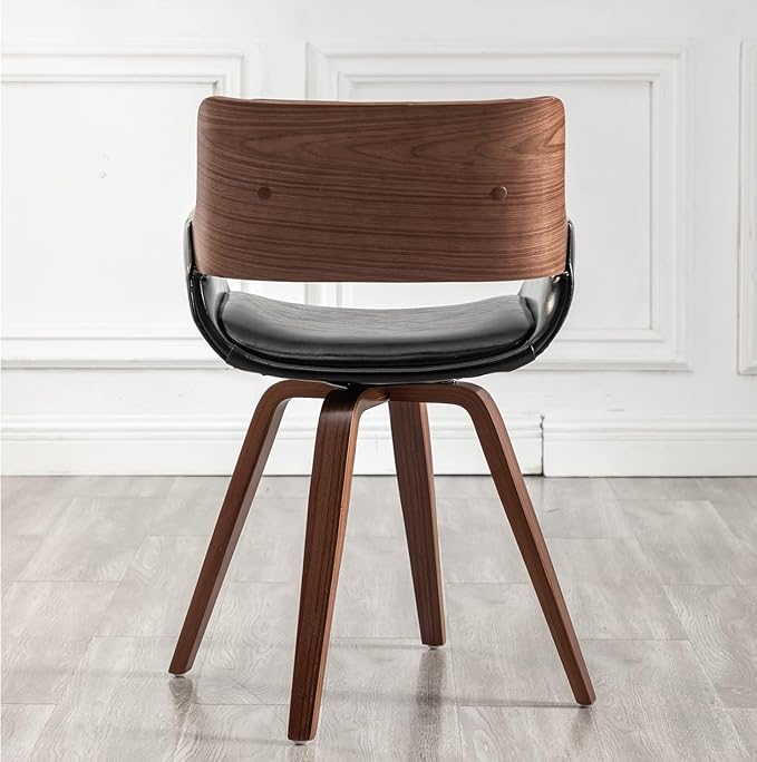 LUNLING Swivel Accent Faux Leather Dining Chairs Set of 4,Mid Century Modern Chairs with Wooden Legs/Armrest/Upholstered Seat/Adjustable Foots for Kitchen Dining Room Desk Chairs,Black