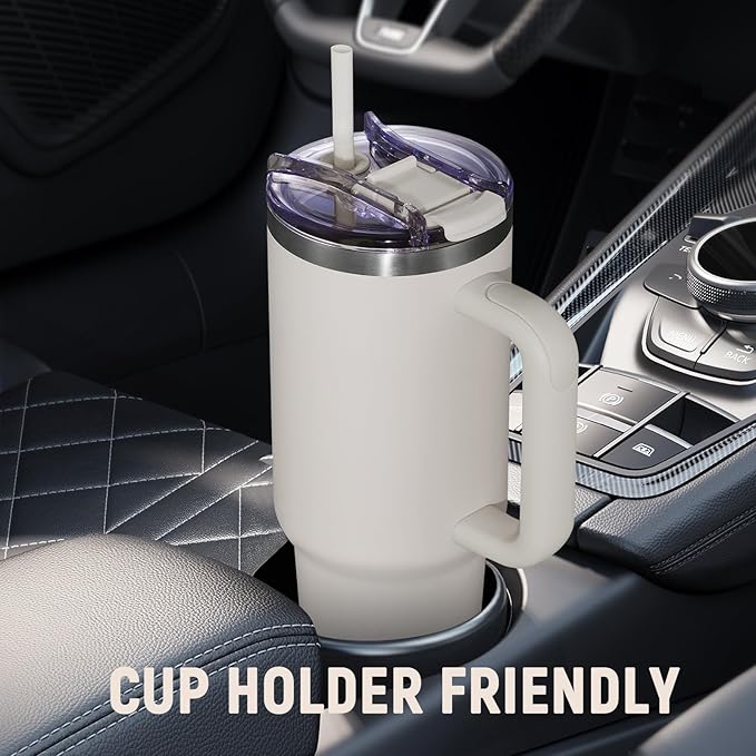 40 oz Tumbler with Handle and Straw Lid,Insulated Reusable Stainless Steel Water Bottle Travel Mug，Cupholder Friendly Double Wall Vacuum Sealed Cup (Almond Birch)