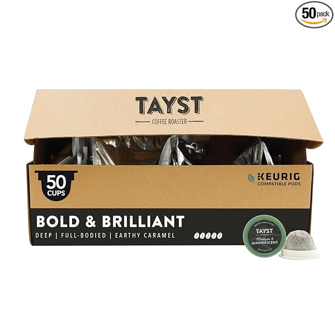 Tayst Coffee Pods, Bold & Brilliant Dark Roast, K Cups Compatible with Keurig Coffee Maker, Sustainable Single Serve, Pack of 50