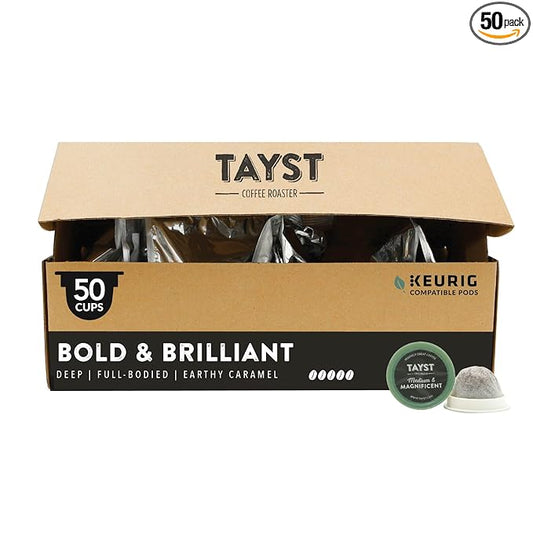 Tayst Coffee Pods, Bold & Brilliant Dark Roast, K Cups Compatible with Keurig Coffee Maker, Sustainable Single Serve, Pack of 50