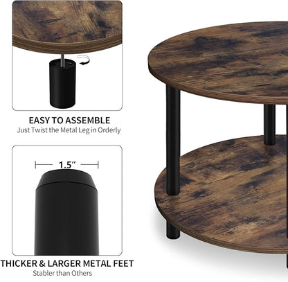 Small Round Coffee Table for Small Space, 23.5" 2-Tier Rustic Brown Wooden Coffee Table with Open Storage for Living Room/Balcony/Office, Metal Legs, Easy to Assemble