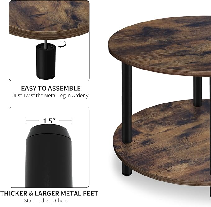 Small Round Coffee Table for Small Space, 23.5" 2-Tier Rustic Brown Wooden Coffee Table with Open Storage for Living Room/Balcony/Office, Metal Legs, Easy to Assemble