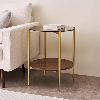 Round Glass End Table, Mid-Century Modern Design Sofa Table for Living Room, D18 x H23, 2-Tier Structure, Amber Glass Top and Walnut Shelf, Sleek Conical Legs with Gold Finish Frame