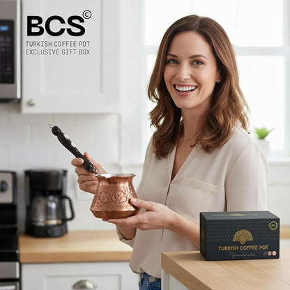 BCS 18 Oz X-Large Copper Turkish Greek Arabic Coffee Pot with Wooden Handle (6 servings) Cezve Ibrik Briki Stovetop Coffee Maker (Includes Wooden Spoon)