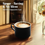 Load image into Gallery viewer, 10 Ounce Black Porcelain Stackable Cappuccino Cups with Stainless Steel Holder, Set of 4, Durable Ceramic, Perfect for Home, Office or Gift