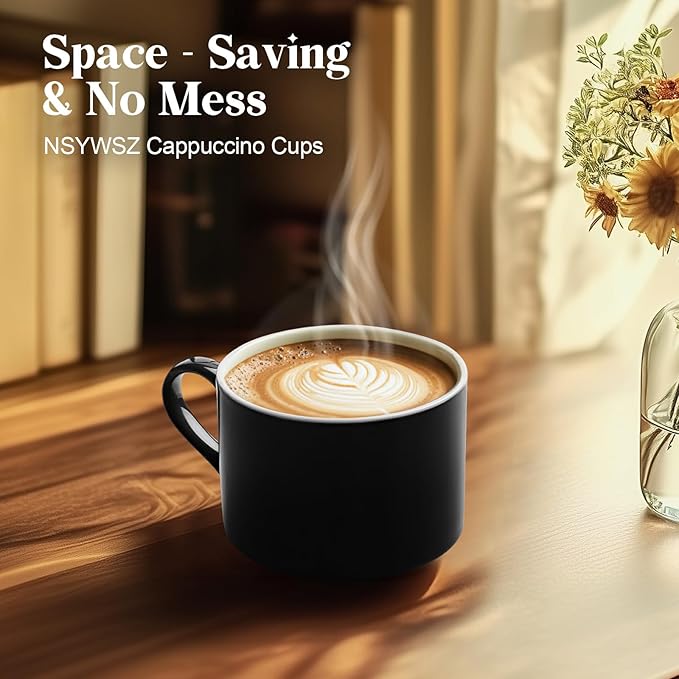 10 Ounce Black Porcelain Stackable Cappuccino Cups with Stainless Steel Holder, Set of 4, Durable Ceramic, Perfect for Home, Office or Gift