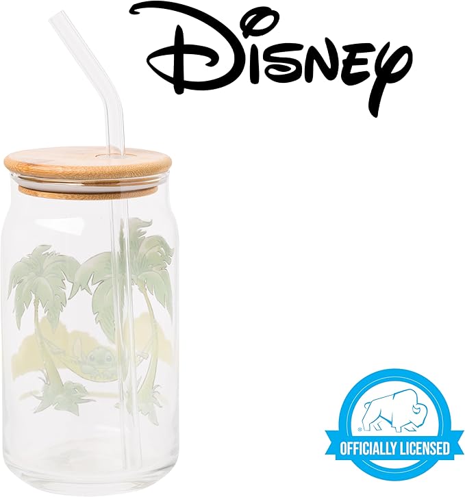 Silver Buffalo Disney Lilo and Stitch Relaxing Chilling in Hammock Island Glass Jar Tumbler with Bamboo Lid and Glass Straw, 16 Ounces