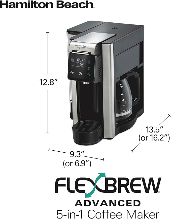 Hamilton Beach FlexBrew Advanced 5-in-1 Programmable 12 Cup Drip and Single Serve Hot & Iced Coffee Maker with Movable 60oz. Water Reservoir, Use Pod Packs and Grounds, Fast Brewing, Black (49924)