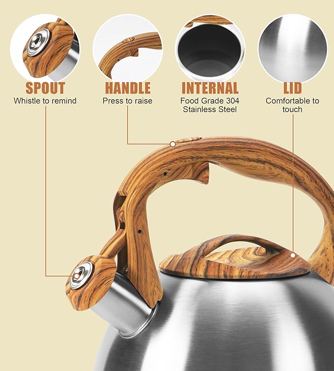 Classic Stainless Steel Whistling Kettle 3.2 Quart - Brushed Metal Finish with Wooden Handle, Stovetop Water Boiler for Home & Kitchen, Loud Alert Whistle & Drip-Free Spout (Silver)