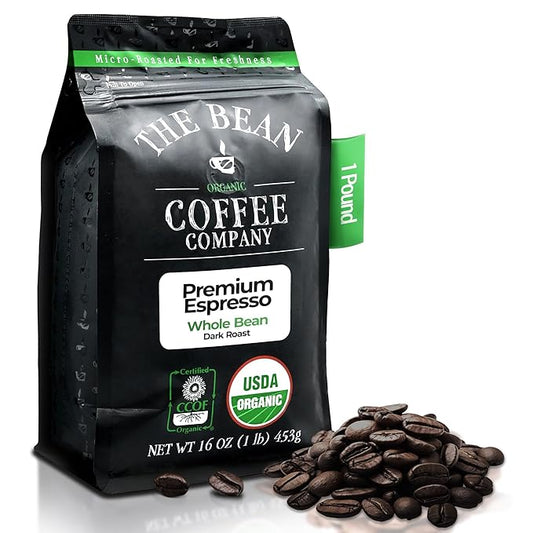 The Bean Organic Coffee Company Premium Espresso, Dark Roast, Whole Bean Coffee, 16-Ounce Bag