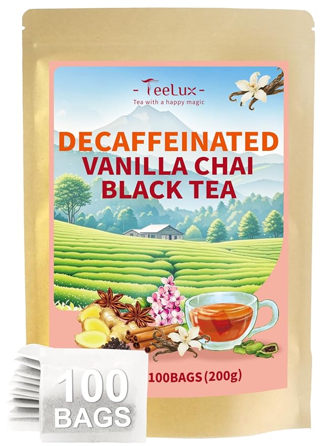 TeeLux Vanilla Decaf Chai Tea Bags, Decaffeinated Black Tea with Cinnamon, Ginger, Cardamom, Natural Vanilla Flavor, Full-bodied & Spicy Flavor, 100 Count