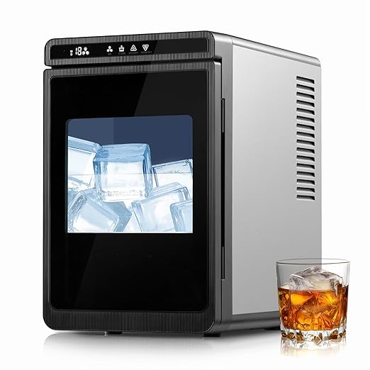 Countertop Ice Maker Machine, 3pcs in 27 Mins, 160pcs/Day, Large Square Ice Cubes for Cocktails, Whiskey & Bourbon, Portable Ice Maker with Basket and Scoop, Auto-Cleaning for Home/Bar/Party (Black)