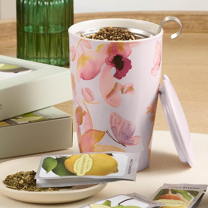 Tea Forte Mariposa Double-Walled Ceramic Kati Cup with Removable Stainless Steel Infuser Basket and Lid, Steeps 12 oz Loose Leaf Tea, Lid and Cup Dishwasher & Microwave Safe