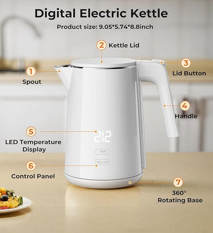 Electric Kettle, 1.0L 1200W Fast Heat with Auto Shut-Off, Boil-Dry Proof, 7 Temperature Control Teapot, Double Wall Stainless Steel Water Boiler Heater, 4H Keep Warm, Cool Touch Coffee Tea Pot, White