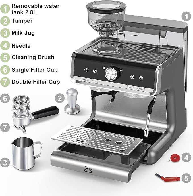 Semi-Automatic Espresso Machine - 1450W/20 Bar Professional Coffee Machine, 30 Grinder Settings, Fast Heating, Milk Frother Steam Wand, Home & Hotel Use, Silver