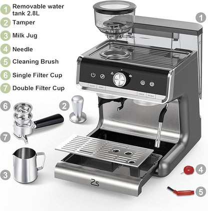 Semi-Automatic Espresso Machine - 1450W/20 Bar Professional Coffee Machine, 30 Grinder Settings, Fast Heating, Milk Frother Steam Wand, Home & Hotel Use, Silver