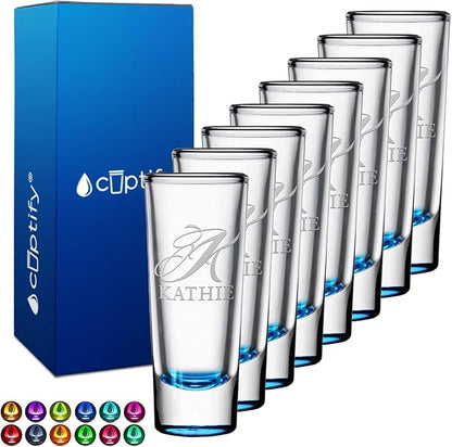 Personalized Shot Glasses Set of 8 Lite Blue Bottom Custom 2 oz Cordial Shot Glass Initial and Name for Gifts, Weddings, Birthdays, Party, Event, Decorations