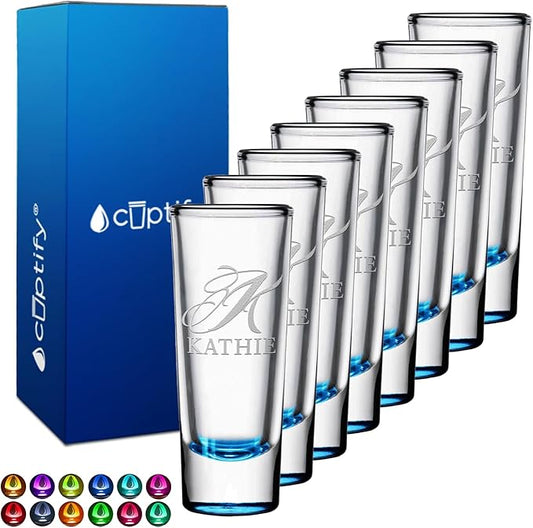 Personalized Shot Glasses Set of 8 Lite Blue Bottom Custom 2 oz Cordial Shot Glass Initial and Name for Gifts, Weddings, Birthdays, Party, Event, Decorations
