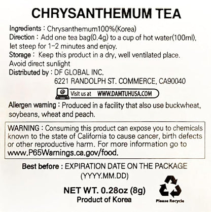 Damtuh Chrysanthemum Tea – Soothing Korean Herbal Flower Tea, Hot or Iced, Natural & Refreshing – 20 Tea Bags (0.4 g each)