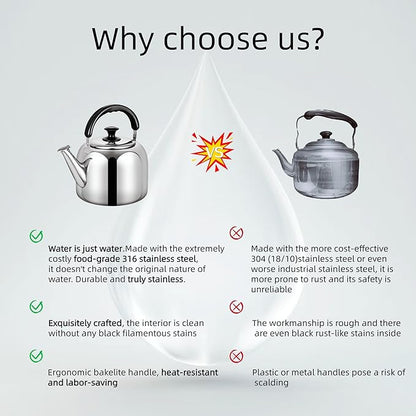 Whistling Stovetop Tea Kettle,Food Grade 316 Stainless Steel,Hot Water Fast to Boil,Stovetop Kettle with Ergonomic Handle,3.1 Quart Capacity