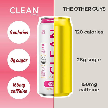NEW CLEAN Cause Zero Sugar Strawberry Lemonade Yerba Mate Tea Sparkling, USDA Organic Energy Drink Alternative, Zero Calorie, 160mg Natural Caffeine, Soda Alternative (16oz cans, 12-Pack Case)