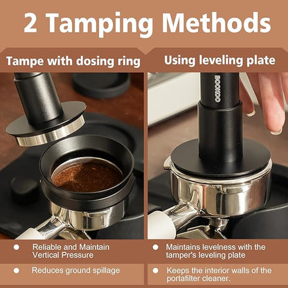 BOOKOO 3-in-1 Espresso Tamper 58.5mm Espresso Distribution Tool Magnetic Dosing Funnel with Spring Loaded Sound Feedback 304 Stainless Steel WDT Tool Espresso Stirrer Needle Coffee Tamper Set
