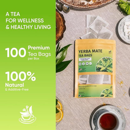 Yerba Mate Tea - Green Cut & Sifted - Unsmoked Energy Boost - 100 Tea Bags - Packed with Nutrients - Your Perfect Coffee Replacement