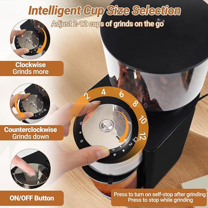 Electric Burr Coffee Grinder with 25 Grind Setting for 2-12 Cup Adjustable Stainless Steel Dosing Bean Mill Home Automatic Conical Freshly Ground Espresso Grinder with Cleaning Brush Black