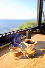 Load image into Gallery viewer, ATHIA glass pour over coffee maker set, minimalist drip coffee maker with reusable cloth filter, glass coffee dripper, olive lid &amp; leather sleeve for single cup manual brewing (Olive Wood)