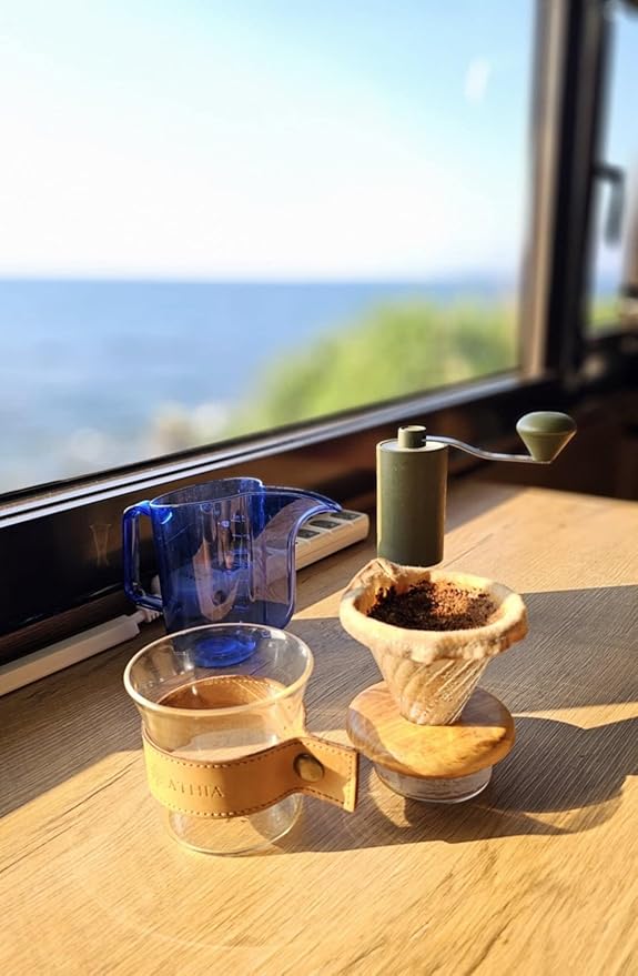 ATHIA glass pour over coffee maker set, minimalist drip coffee maker with reusable cloth filter, glass coffee dripper, olive lid & leather sleeve for single cup manual brewing (Olive Wood)