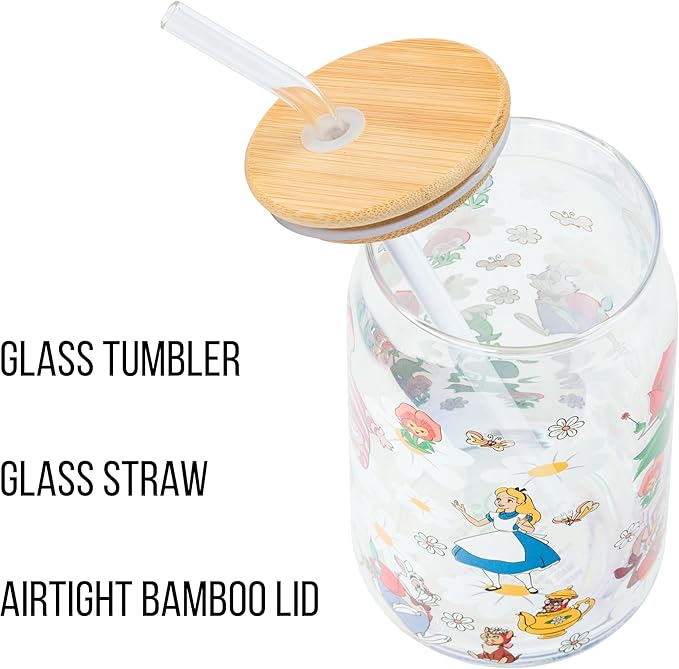 Silver Buffalo Disney Alice in Wonderland Featuring Cheshire Cat, White Rabbit, and Mad Hatter in Wild Flowers Glass Jar Tumbler with Bamboo Lid and Glass Straw, 16 Ounces