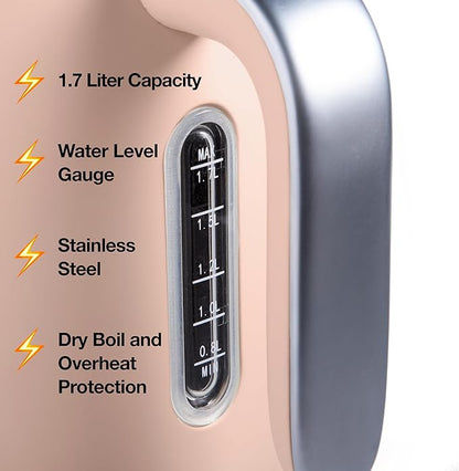 Rae Dunn Electric Hot Water Kettle - Stainless Steel Coffee Maker, Tea Kettle, Swivel Base, With Automatic Shut Off Boil-Dry Protection, Easy Pour Pitcher, 1500 Watt Boiling Power, 1.7 Liters, Blush