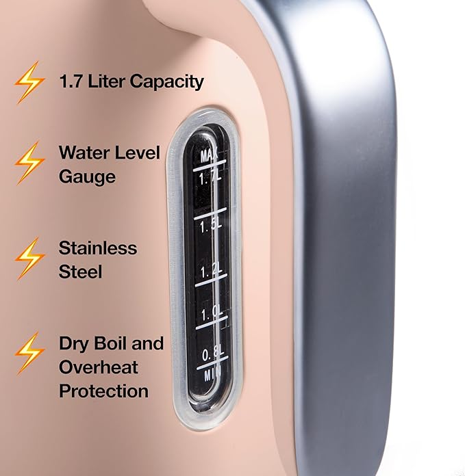 Rae Dunn Electric Hot Water Kettle - Stainless Steel Coffee Maker, Tea Kettle, Swivel Base, With Automatic Shut Off Boil-Dry Protection, Easy Pour Pitcher, 1500 Watt Boiling Power, 1.7 Liters, Blush