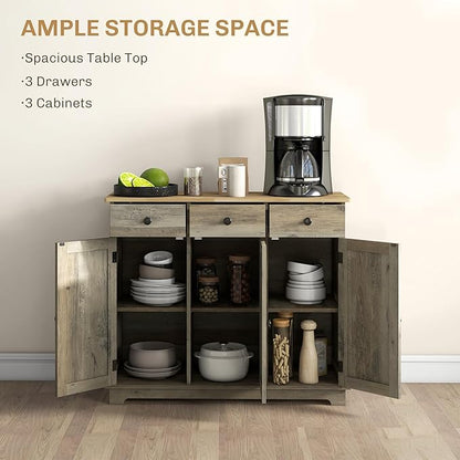 HOMCOM Sideboard with Solid Wood Countertop, Modern Kitchen Storage Cabinet, Coffee Bar Cabinet with 3 Drawers, Doors and Adjustable Shelf, Distressed Gray