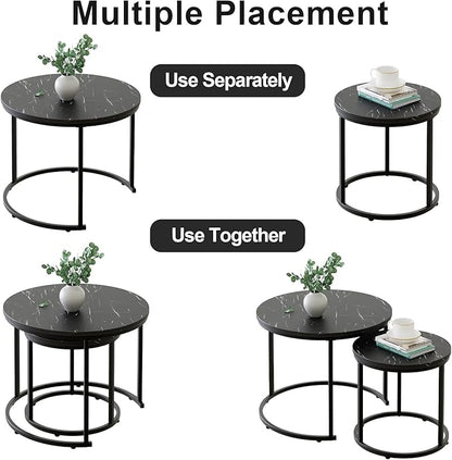 aboxoo Round Nesting Coffee Table Side Set of 2 End Tables for Living Room Bedroom Balcony,Black Faux Marble Wooden Table 23.6IN Accent Large Coffee Table with Steel Frame