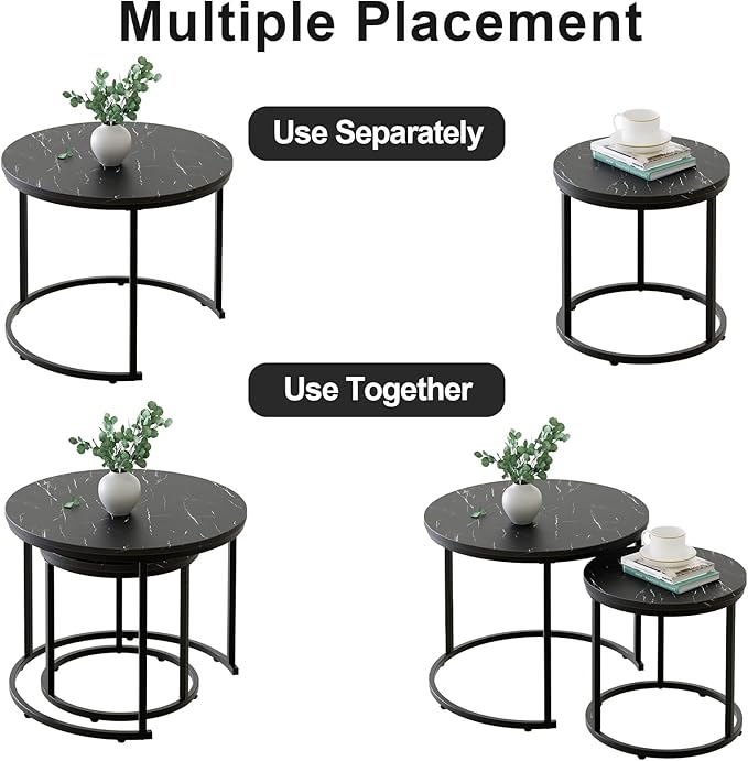 aboxoo Round Nesting Coffee Table Side Set of 2 End Tables for Living Room Bedroom Balcony,Black Faux Marble Wooden Table 23.6IN Accent Large Coffee Table with Steel Frame