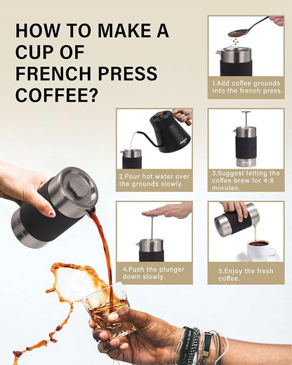 POLIVIAR French Press Coffee Maker, 12 oz Portable French Press with Mini Canister and Collection Bag, Double Wall Insulation & Dual- Filter Screen, Food Grade Stainless Steel for Coffee