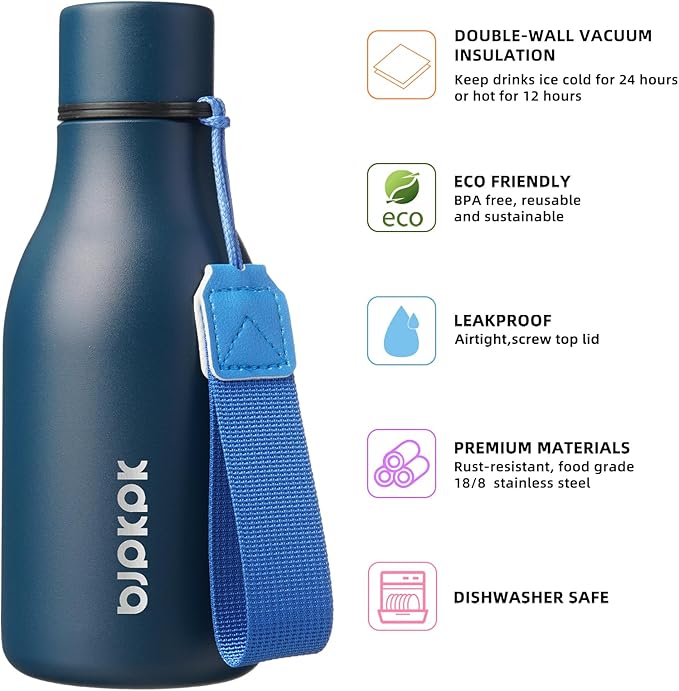 BJPKPK Insulated Water Bottles, 12oz Stainless Steel Metal Water Bottle with Strap, BPA Free Leak Proof Jugs, Mugs, Flasks, Reusable Thermal Flasks for Sports & Travel, Navy Blue