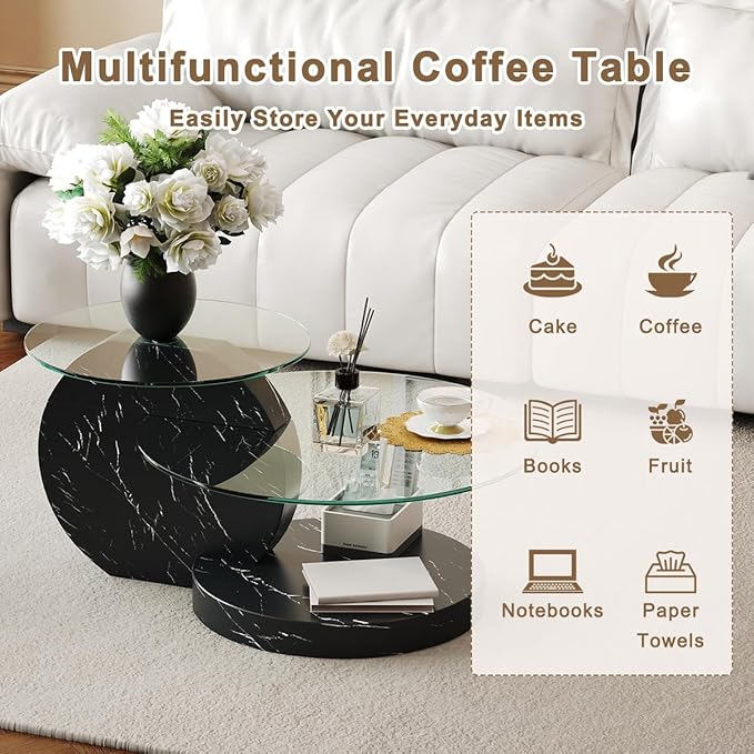 35 Inch Glass Coffee Table，Round Coffee Table with 2-Tier Tempered Glass Tabletop，Easy to Clean Circle Coffee Table with Sturdy Base for Living Room，Office (Black Marble Colored Base